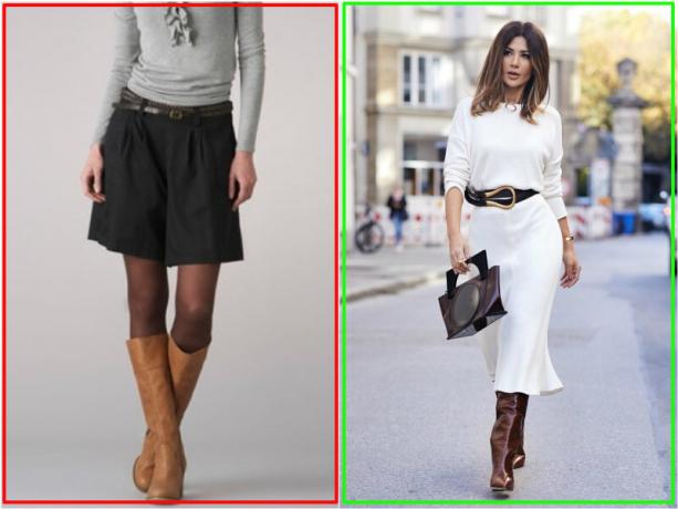 The best option, when the hem of her skirt closes boots and tights are not visible
