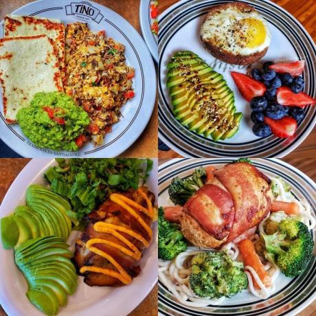 Keto-diet Helena: many avocados, eggs, bacon, stewed vegetables and fresh berries, 